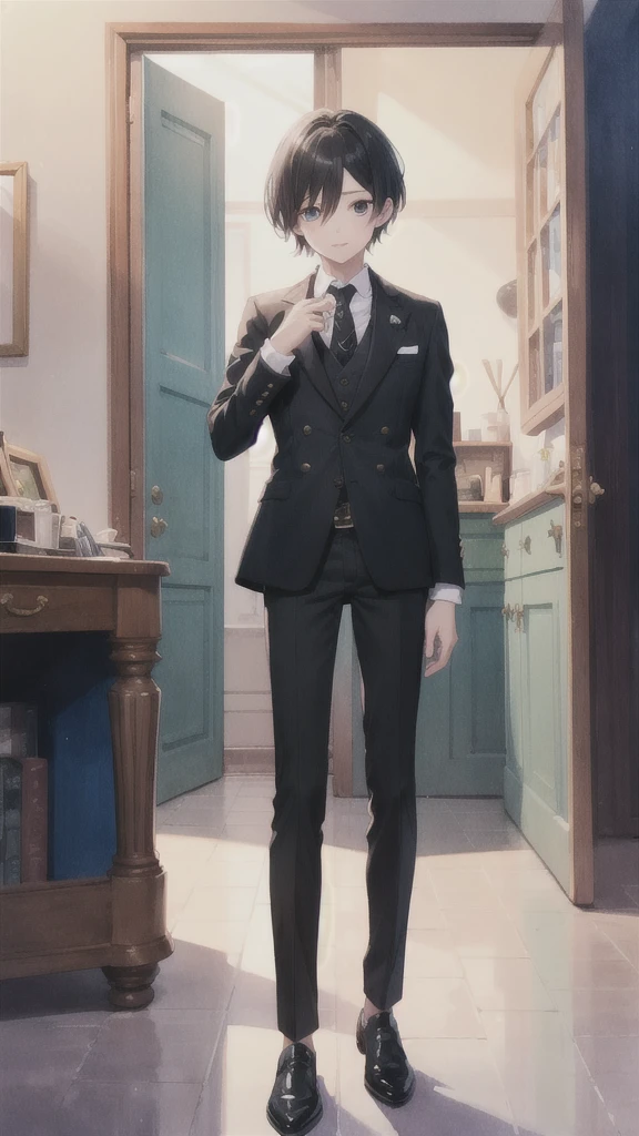masterpiece、Highest quality、Movie stills、One Boy、solo、Male Focus、Staring at the audience、Depth of written boundary、(Watercolor illustration、Soft pastel colors:1.1)、L_LawLiet、Black Hair、black eye、Suit pants、steampunk、Half white and half black hair、Two-tone hair