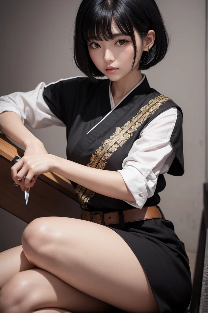 Korean yma knife with short black hair, with a fringe