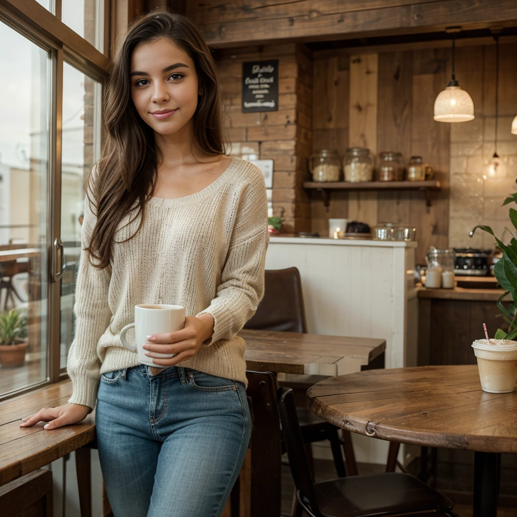 A photorealistic portrait of a 21-year-old Colombian girl with long, flowing dark hair and striking dark eyes. She should have a cheerful, relaxed expression, illuminated by the soft, warm lighting of a cozy cafe. The background should depict a charming, stylish cafe with rustic wooden tables, potted plants, and warm ambient lighting. Lana is sitting at a table near a large window, wearing a trendy, casual outfit consisting of a fitted sweater and jeans. She is holding a cup of coffee, with her other hand resting gently on the table, and looking out the window with a content smile. Capture this image with a high-resolution photograph using an 85mm lens to emphasize the intimate, inviting atmosphere of the cafe and Lana's natural beauty.