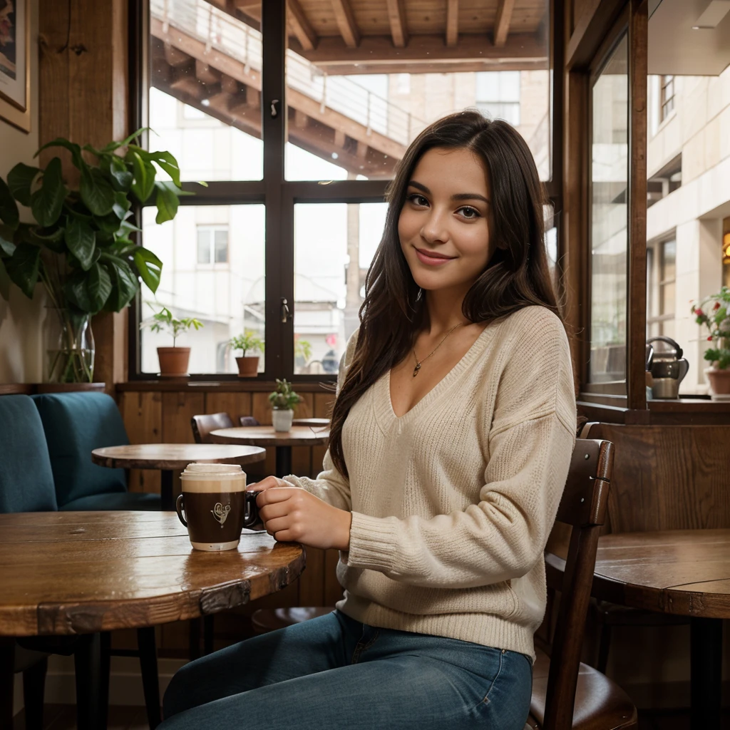 Create a realistic women a candid shot of a girl sitting in a cozy café, smiling warmly at the camera with a cup of coffee in hand. The background features soft lighting and a hint of the café’s ambiance, creating a timeless and inviting feel."