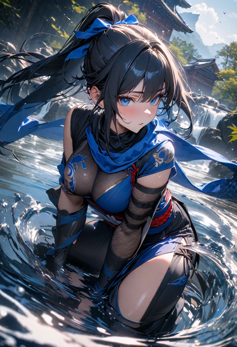 masterpiece, 8k, best quality, highly detailed, a ninja wearing ninja attire that is blue & black with water designs & flowing water surrounding it