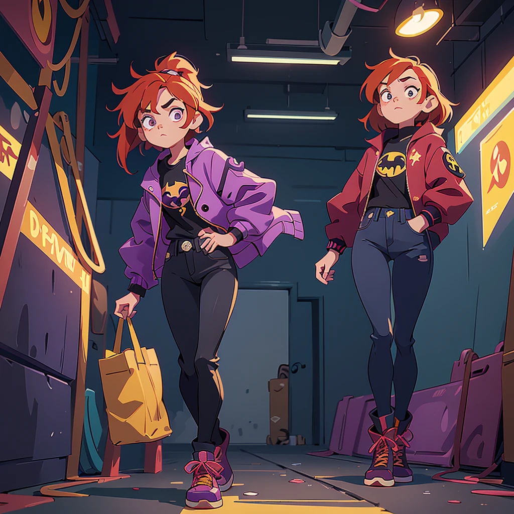 I want you to make an illustration in Disney 2D animation style.  The character is a young teenager of approximately 18 years old.  She has shoulder-length red hair and is wearing an open purple jacket and underneath is a black t-shirt with the Batman symbol on it.  She is wearing dark jeans and, on her feet, she is wearing yellow combat boots.