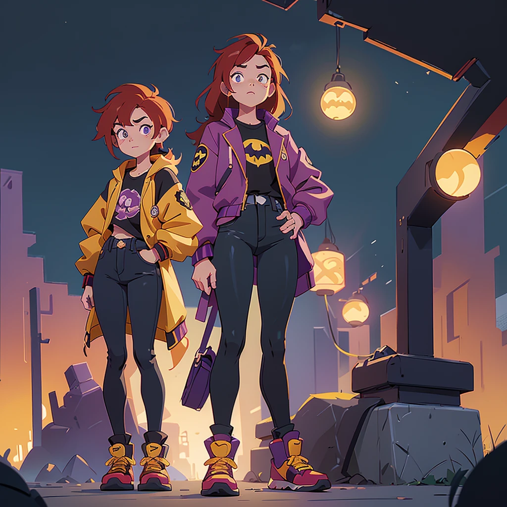 I want you to make an illustration in Disney 2D animation style.  The character is a young teenager of approximately 18 years old.  She has shoulder-length red hair and is wearing an open purple jacket and underneath is a black t-shirt with the Batman symbol on it.  She is wearing dark jeans and, on her feet, she is wearing yellow combat boots.