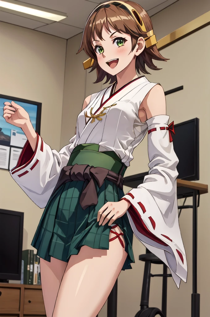 Highest quality, masterpiece, High resolution, ((Perfect hands, Perfect Legs, Perfect Anatomy)), ((一人in)), {Hiei Kai-2_Fleet Collection:1.15}, brown_hair, short_hair, hairband, headgear, Non-traditional_Shrine maiden, smile, green_eye, Inverted up_hair, Open_mouth, (One girl), independent_sleeve, Japanese_Clothes, Looking_in_Audience, ribbon-trimmed_sleeve, ribbon_trim, whole body, , (indoor, office, living room),