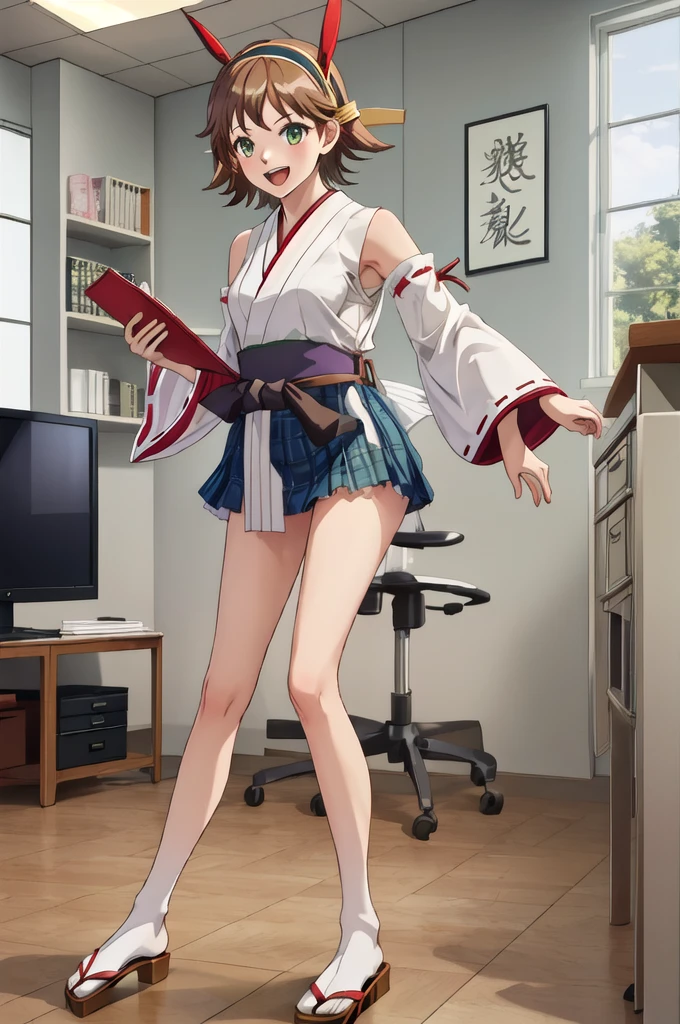 Highest quality, masterpiece, High resolution, ((Perfect hands, Perfect Legs, Perfect Anatomy)), ((一人in)), {Hiei Kai-2_Fleet Collection:1.15}, brown_hair, short_hair, hairband, headgear, Non-traditional_Shrine maiden, smile, green_eye, Inverted up_hair, Open_mouth, (One girl), independent_sleeve, Japanese_Clothes, Looking_in_Audience, ribbon-trimmed_sleeve, ribbon_trim, whole body, , (indoor, office, living room),