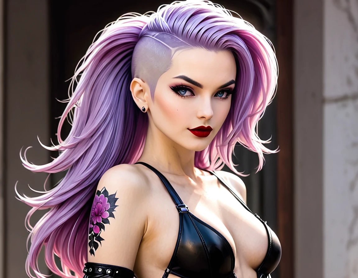 rating_explicit, beautyfull slender woman, tall woman, lilac details, sidecut big lilac hair, long hair, red lipstick, punk woman, adult woman, milf, small breasts, doggystyle sex