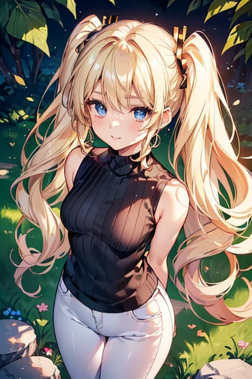 #Basics A girl is posing for a photo, animeのかわいい女の子, (((One Girl, Baby Face, Young girl, 16 years old))), 
BREAK 

#Clothing Accessories 
((Blue sleeveless high neck knit sweater) + (White skinny pants) + Black High Heels), 
small red earrings, Luxury gold bracelet, 
BREAK 

#Features 
((Blonde)), Curly hair, (Twin tails : Standard length hair + Fuller Hair + Curly Hair + Red string ribbon),  
(Droopy eyes, blue eyes), (Small breasts), 
BREAK 

#background environment 
(noon、(Sunlit park, grass, There is a big tree behind)), 
#Facial Expression Pose
((Wicked Smile), (Standing pose with arms extended forward at chest height)), 
#composition 
((Face the camera, Angle from the front, Cowboy Shot)),  
BREAK 

#Body parts elements 
(Detailed hair, Beautiful Hair, Shiny Hair), 
(double eyelid, Long eyelashes), 
(Expression of fine eyes, Beautiful and delicate eyes, Sparkling eyes, Eye Reflexes, Glitter Eyeliner), 
(Human Ear), 
(Beautiful Nose, Thin Nose), 
(Glossy lips, Beautiful Lips, Thick lips, Glossy Lips, Natural Cheeks), 
(Detailed face, Symmetrical facial features), 
(Detailed skin, Textured skin, Beautiful Skin, Shiny skin), 
BREAK 

#Quality 
(((Highest quality)), ((masterpiece)), ((Very detailed))), ((High resolution), (16K,1080P)), 
(Realistic), (Anatomically correct), 
((comics, anime)), (3DCG), CG illustration,
