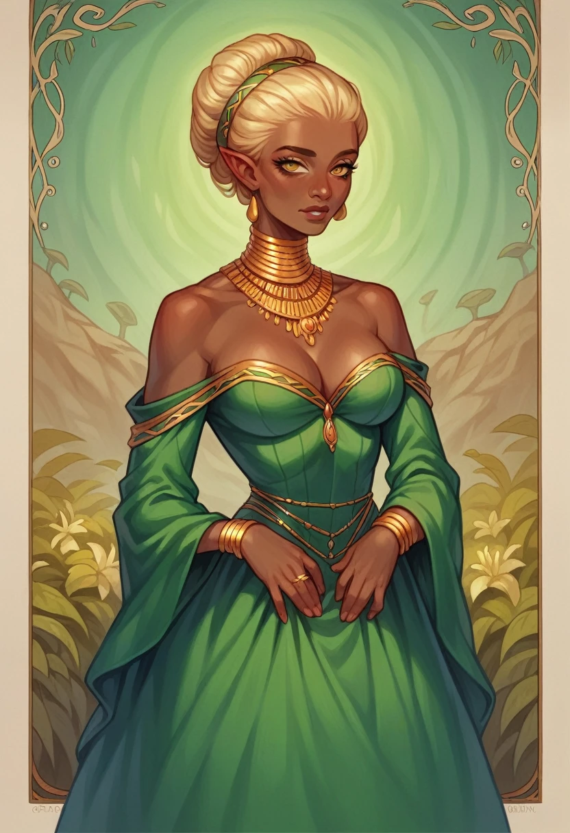 (realisitic:1.3), FACE WITH SHADOW, Depth of written limits, ,
Beautiful detailed illustrations,great art,(((very detailled))),
1 black woman of African descent , hair blonde, Crespo, gold eyes, nature fairy green dress
,(((very detailled))),A calm expression and smooth breathing create a calm atmosphere.
,(((very detailled)))