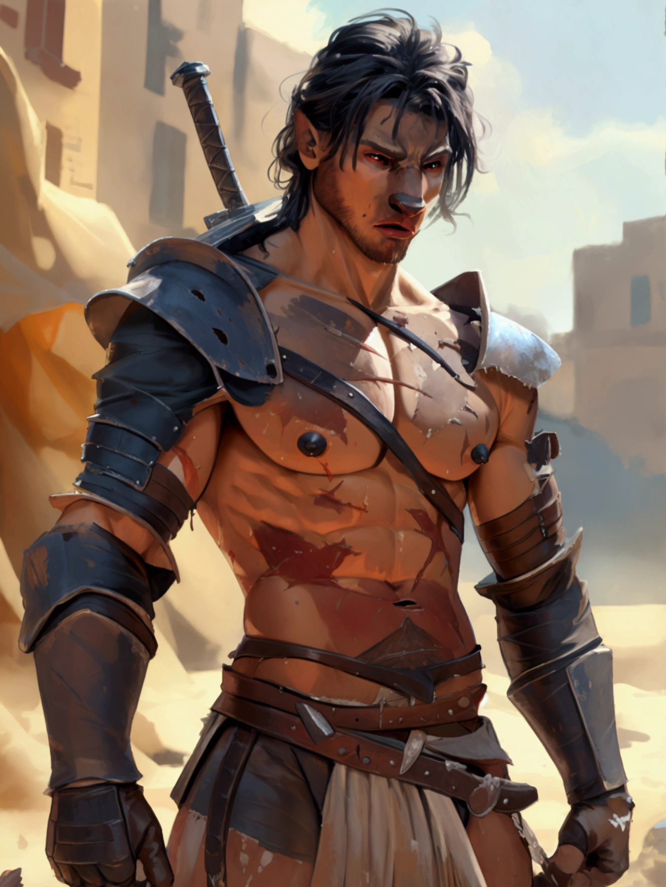 Solo Sexy anthro scalie dragon male mercenary medieval solider, slim endomorph muscular handsone model male apperance, sword scars, worn out rusty skimpy armament, low on hips heavy leather belt, old very worn out skimpy dirty linen material jockstrap, old yellow dirty worn out stains on white jockstrap, studded skimpy armlets breastplate armor, skimpy breastplate, leather bondages, fingerless leather gloves, smelly unwashed husk, dirty body look, desert battlefield, standing in sexy fighting position, close view of full character