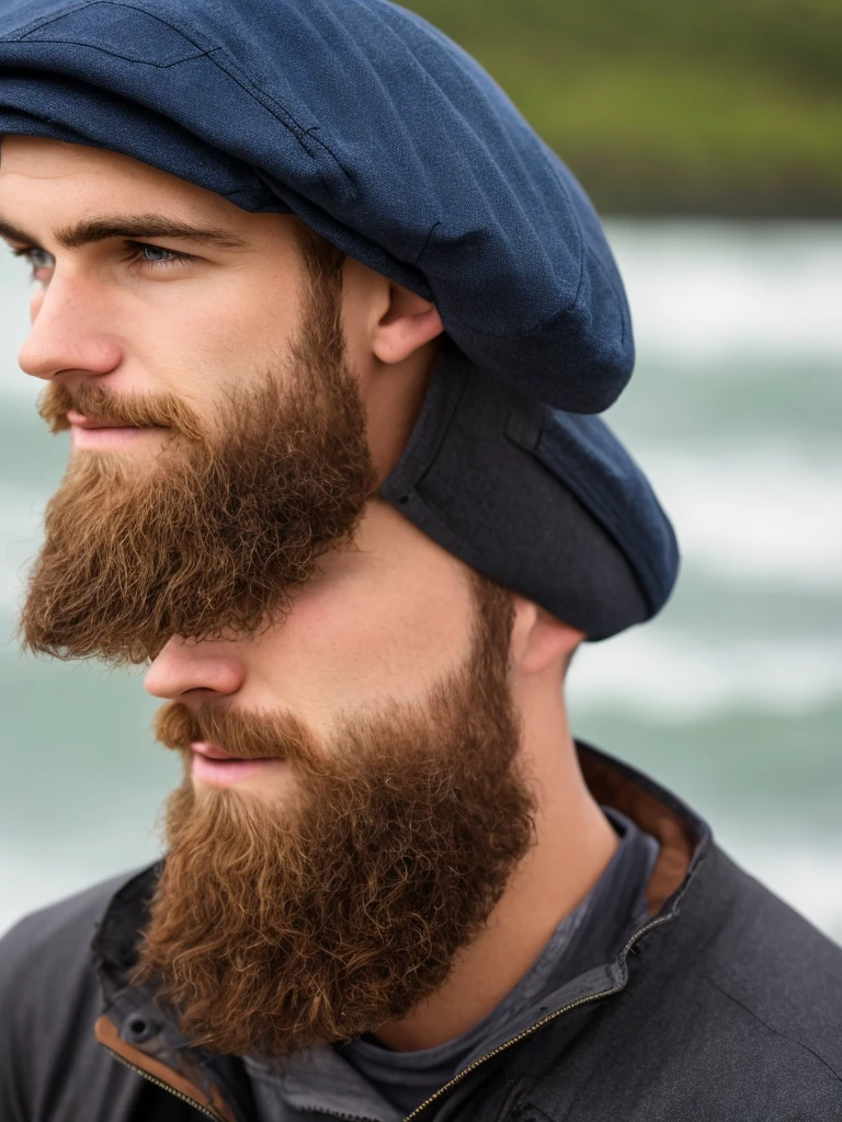 young man with camera and flat cap. short dark blonde hair, short beard, northern germany, beach, rough weather