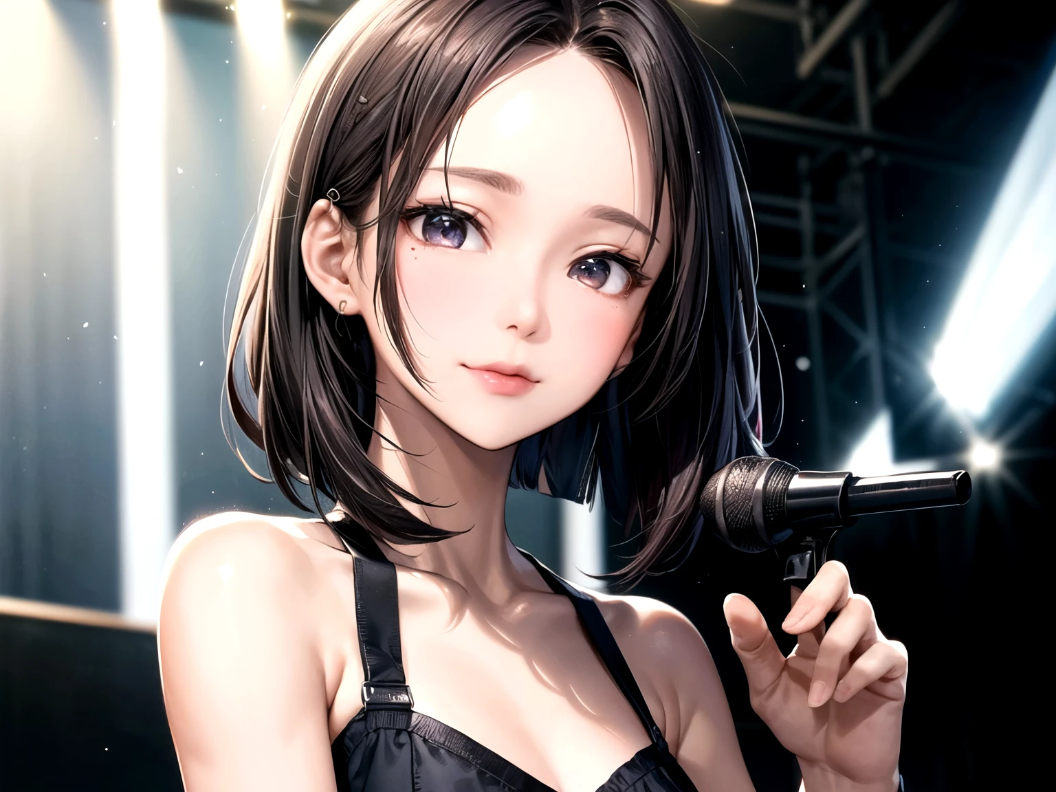((Best of the highest quality, 8k, Masterpiece, raw photo: 1.1)), (Sharp focus: 1.1), (1 AESPA, slim body type female, 22 y/o: 1.1), solo, Portrait Waist Up, (realistic, photo-realistic:1.37), face focus, finely small eyes, (forehead, short bob hair, updo: 1.32), (sharp chin, droopy eyes: 1.32), (Emphasize prominent aegyo-sal with bright: 1.28), shimmering eyeshadow applied under the lower lash line, paired with thick, (small breasts, flat chest: 1.2), T-shirt, walking on stage, microphone, flower,
