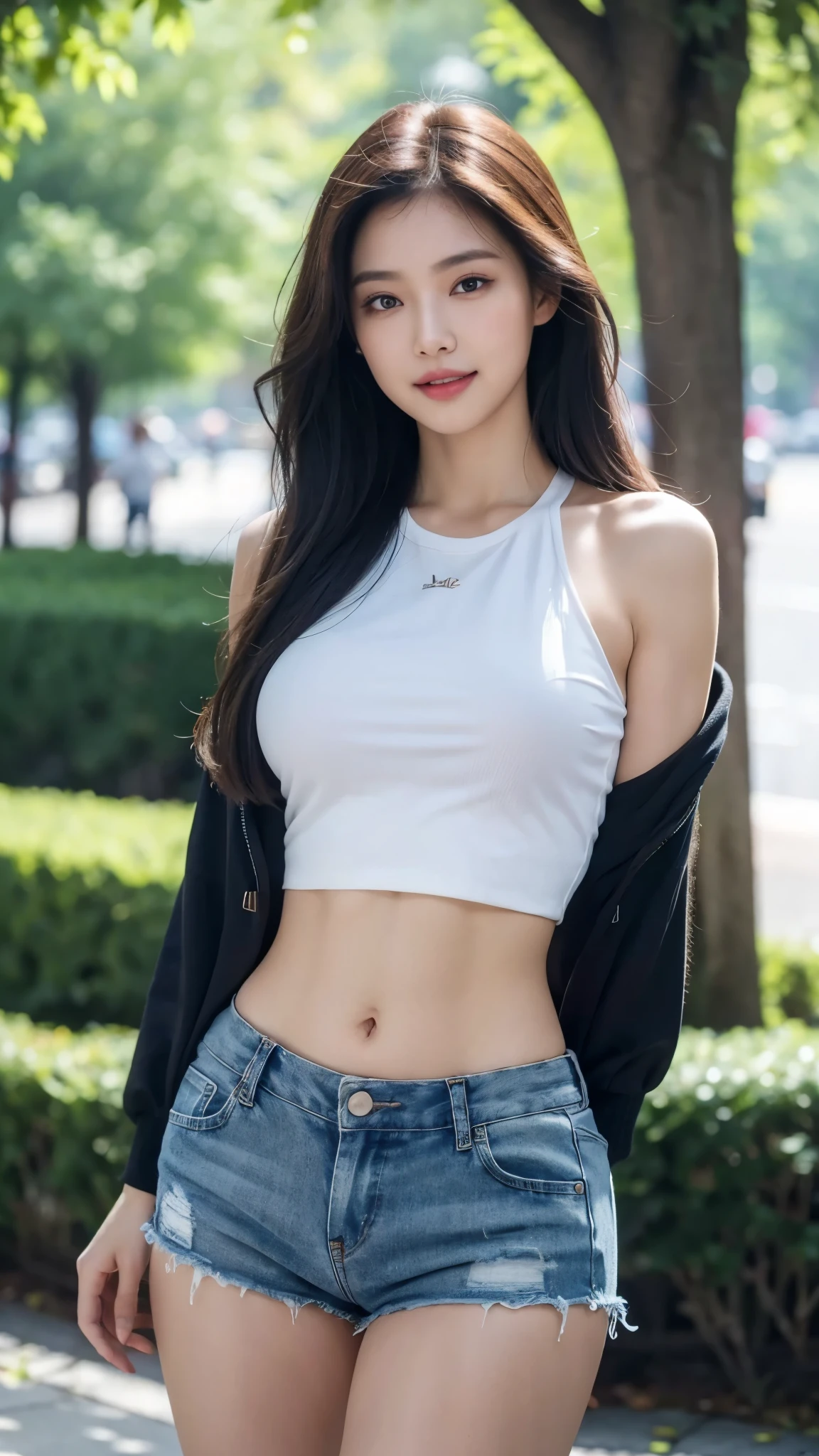 8K, masterpiece, raw photo, best quality, realistic, extremely detailed CG unity 8K wallpaper, depth of field, cinematic light, lens flare, ray tracing, (very beautiful face, beautiful lips, beautiful eyes), Face with intricate details, ((highly detailed skin)), best quality, masterpiece, ultra high resolution, (realistic photo:1.5), Original image, 1 woman, crop top, shorts, sexy look, pretty ,Smile faintly, long hair, medium shot, big bust, divided, six pack abs, Morning in the city park.