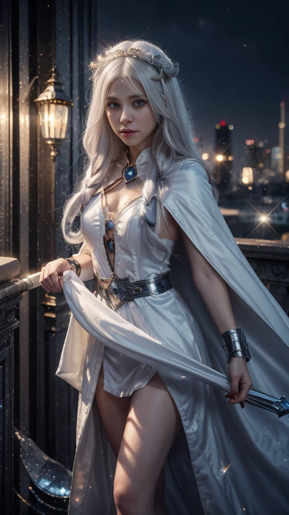 4k, UHD, masterpiece, 1 girl, good face, ((detailed eyes)), very long white hair, impressive hairstyle, perfect brasts, fantasy cosplay, ((white cosplay)), strap cosplay, cape, night city, building, lamps, depth of field, reflection light, ((sparkle)), chromatic aberration,