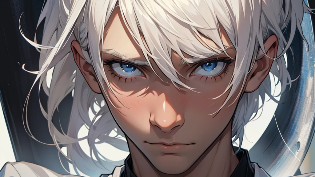 ((best quality)), ((work of art)), ((detailed)), young man, white hair, confused expression, innocent look