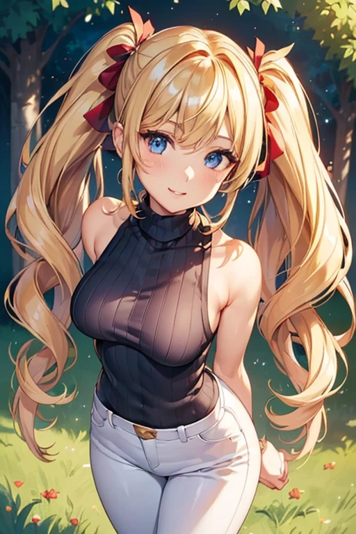 #Basics A girl is posing for a photo, animeのかわいい女の子, (((One Girl, , Young girs old))),
Bhing Accessories
((Blue sleeveless high neck knit sweater) + (White skinny pants) + Black High Heels),
small red earrings, Luxury gold bracelet,
BREAK
#Features
((Blonde)), Curly hair, (Twin tails : Standard length hair + Fuller Hair + Curly Hair + Red string ribbon),
(Droopy eyes, blue eyes), (Small breasts),
BREAK
#background environment
(noon、(Sunlit park, grass, There is a big tree behind)),
#Facial Expression Pose
((Wicked Smile), (Standing pose with arms extended forward at chest height)),
#composition
((Face the camera, Angle from the front, Cowboy Shot)),
BREAK
#Body parts elements
(Detailed hair, Beautiful Hair, Shiny Hair),
(double eyelid, Long eyelashes),
(Expression of fine eyes, Beautiful and delicate eyes, Sparkling eyes, Eye Reflexes, Glitter Eyeliner),
(Human Ear),
(Beautiful Nose, Thin Nose),
(Glossy lips, Beautiful Lips, Thick lips, Glossy Lips, Natural Cheeks),
(Detailed face, Symmetrical facial features),
(Detailed skin, Textured skin, Beautiful Skin, Shiny skin),
BREAK
#Quality
(((Highest quality)), ((masterpiece)), ((Very detailed))), ((High resolution), (16K,1080P)),
(Realistic), (Anatomically correct),
((comics, anime)), (3DCG), CG illustration,