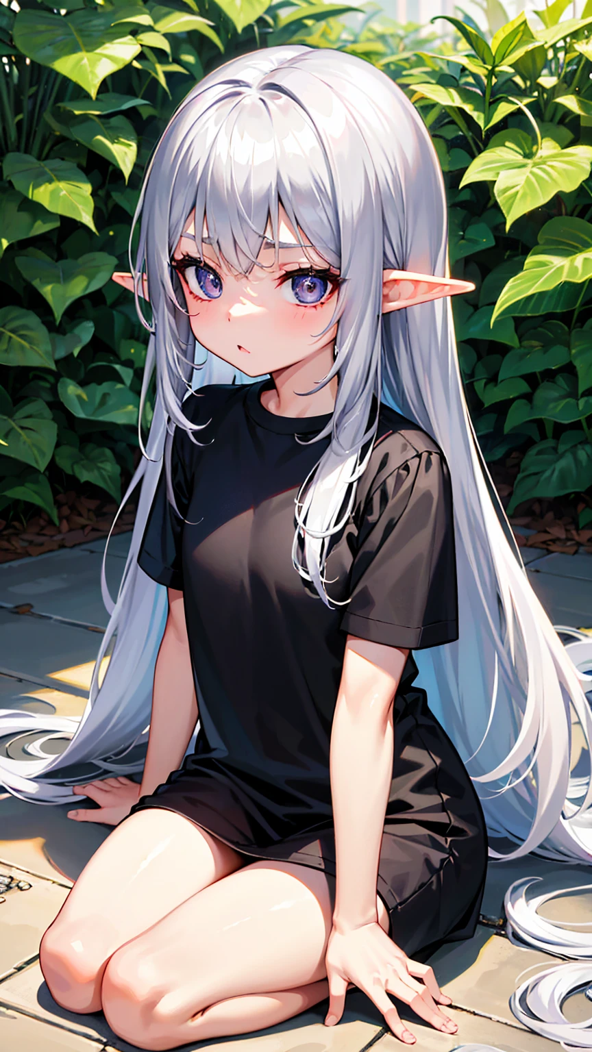 Elf Girl、8--old、ium-long silver hair、Silver Eyes、Just a big black T-shirt、Short sleeves、Other than that, I don't wear anything else、She&#39;s not even wearing bottoms、barefoot、Seductive expression、whole body、Standing posture