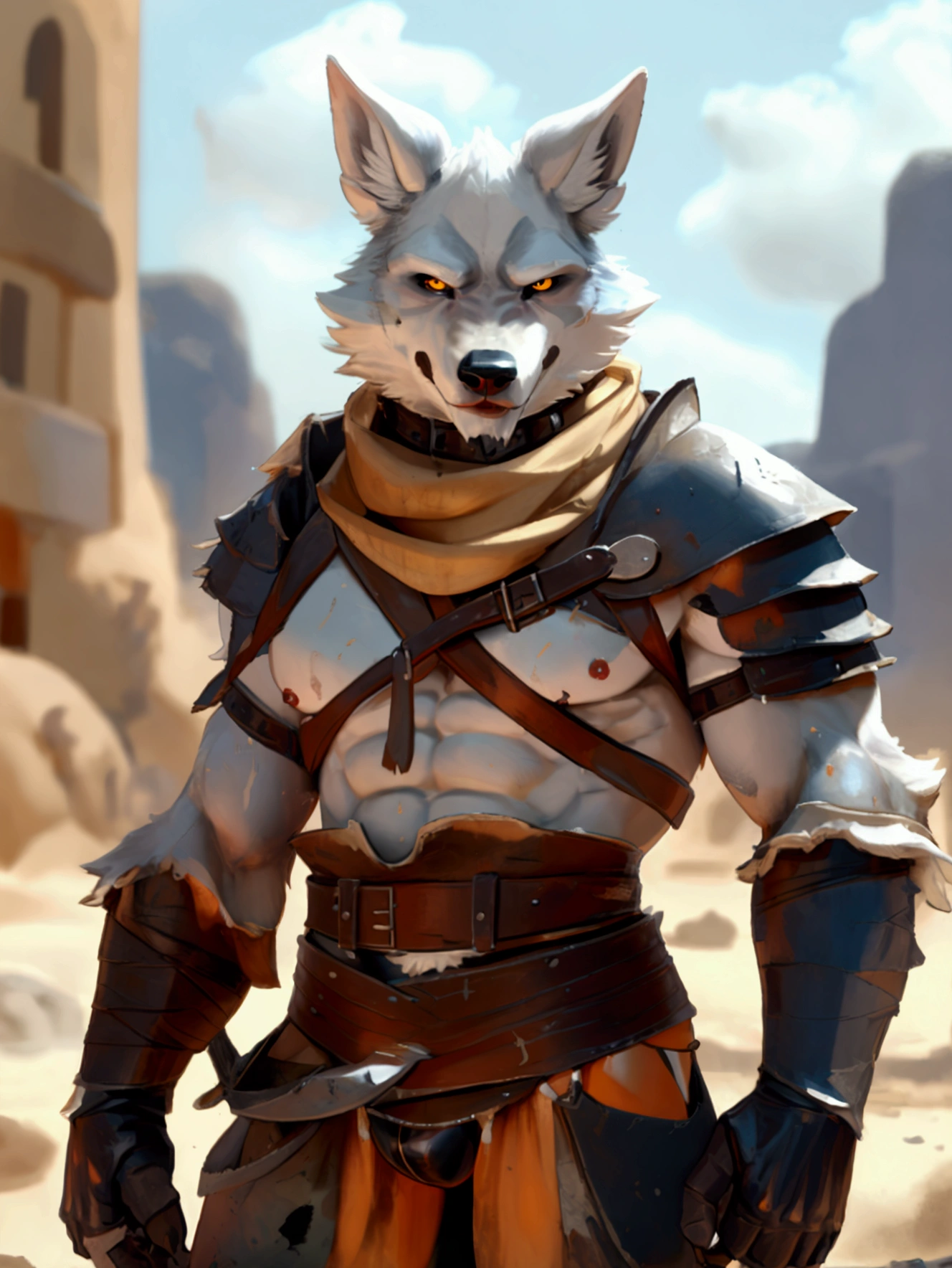 
Solo Sexy anthro furry wolf male mercenary medieval solider, slim endomorph muscular handsone model male apperance, sword scars, worn out rusty skimpy armament, low on hips heavy leather belt, old very worn out skimpy dirty linen material jockstrap, old yellow dirty worn out stains on white jockstrap, studded skimpy armlets breastplate armor, skimpy breastplate, leather bondages, fingerless leather gloves, smelly unwashed furr, dirty body look, desert battlefield, standing in sexy fighting position, close view of full character