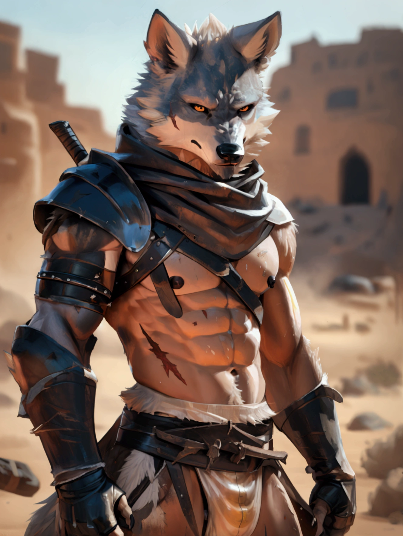 
Solo Sexy anthro furry wolf male mercenary medieval solider, slim endomorph muscular handsone model male apperance, sword scars, worn out rusty skimpy armament, low on hips heavy leather belt, old very worn out skimpy dirty linen material jockstrap, old yellow dirty worn out stains on white jockstrap, studded skimpy armlets breastplate armor, skimpy breastplate, leather bondages, fingerless leather gloves, smelly unwashed furr, dirty body look, desert battlefield, standing in sexy fighting position, close view of full character