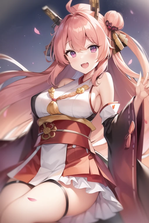 One girl, alone, Long Hair, King Kongu (Kantai Collection),Sakura Miko, Pink Hair, Double Bang, Purple eyes, Hair Bun, Ahoge, Open your mouth, Non-traditional Shrine Maiden, Removable sleeves, Brown eyes, White Background, (headgear):2, (Hair Bunド):2, smile, Sleeves edged with ribbon, Simple Background, kimono, Ribbon trim, View your viewers,  username, Upper Body, Wide sleeves, :d, King Kong