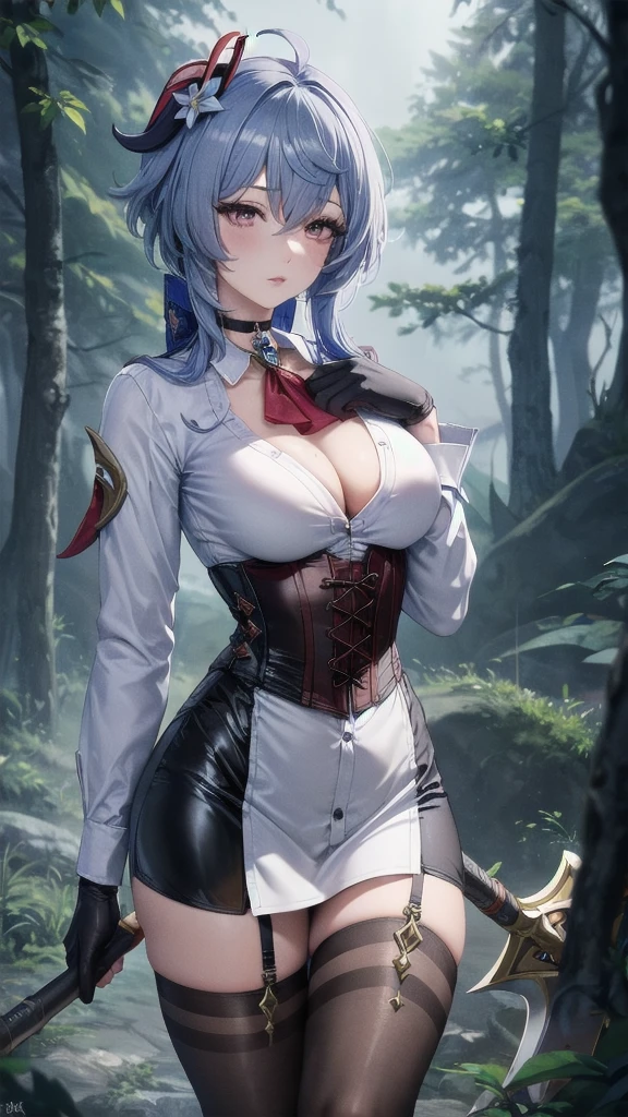 Masterpiece, Beautiful art, professional artist, 8k, sleeping expression, very detailed face, Detailed clothing, detailed fabric, 1 girl, Hiring, (genshin impact), View from the front, standing, perfectly drawn body, pale skin, shy expression, beautiful face, agregar cuernos de Hiring en la cabeza, Long sky blue hair, 4k eyes, very detailed eyes, pink cheeks, choker:1.6, (white long sleeve button down shirt with white collar), black gloves, gloves that cover hands, (holds an ax with his right hand), (black leather corset), (shiny black tight mini skirt), Sensual Lips, show details in the eyes, dark forest, at night, Atmosphere, fog