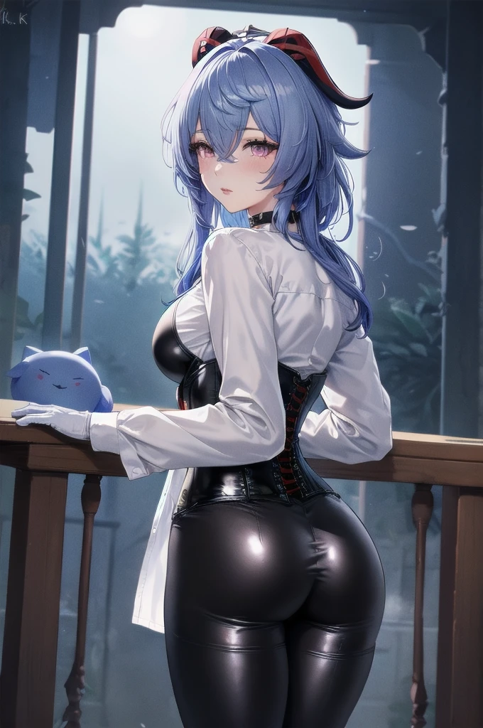 Masterpiece, Beautiful art, professional artist, 8k, sleeping expression, very detailed face, Detailed clothing, detailed fabric, 1 girl, Hiring, (genshin impact), view from behind, perfect ass, standing, perfectly drawn body, pale skin, shy expression, beautiful face, agregar cuernos de Hiring en la cabeza, Long sky blue hair, 4k eyes, very detailed eyes, pink cheeks, choker:1.6, (white long sleeve button down shirt with white collar), black gloves, gloves that cover hands, (black leather corset), (shiny black leggings), Sensual Lips, show details in the eyes, dark forest, at night, Atmosphere, fog