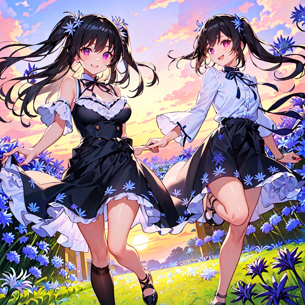 masterpiece, best quality, high quality, extremely detailed, very delicate and beautiful, (1 female 18 years old solo:1.5), (long black hair up to waist with two side up:1.5), bangs to eyebrows, eyes Eyebrows glossy, (eye color magenta:1.3), 6.5 head height, (agapanthus flower print summer fashion:1.3), knee socks, lace, frills, (smiling), (running:1.3), (smiling), (dynamic pose), (background agapanthus flower field:1.3), (sunset:1.3)