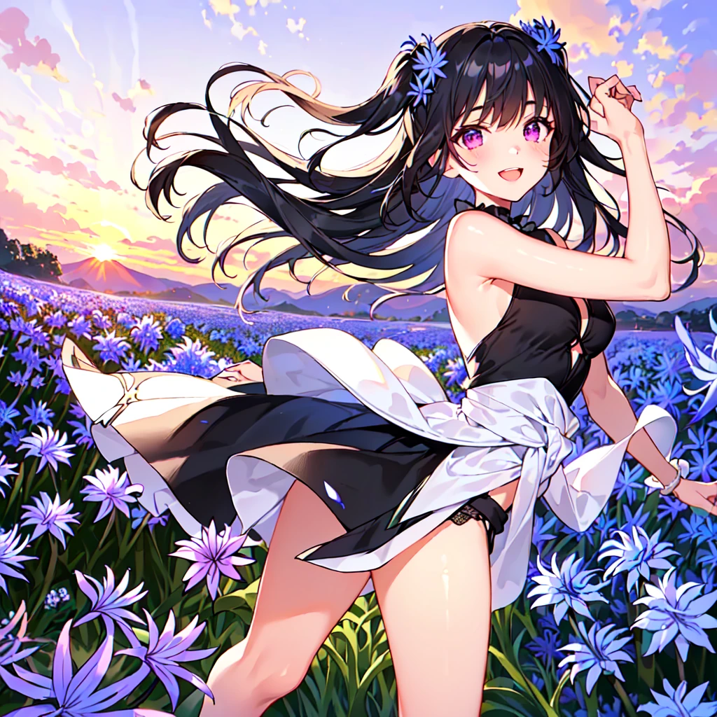masterpiece, best quality, high quality, extremely detailed, very delicate and beautiful, (1 female 18 years old solo:1.5), (long black hair up to waist with two side up:1.5), bangs to eyebrows, eyes Eyebrows glossy, (eye color magenta:1.3), 6.5 head height, (agapanthus flower print summer fashion:1.3), knee socks, lace, frills, (smiling), (running:1.3), (smiling), (dynamic pose), (background agapanthus flower field:1.3), (sunset:1.3)