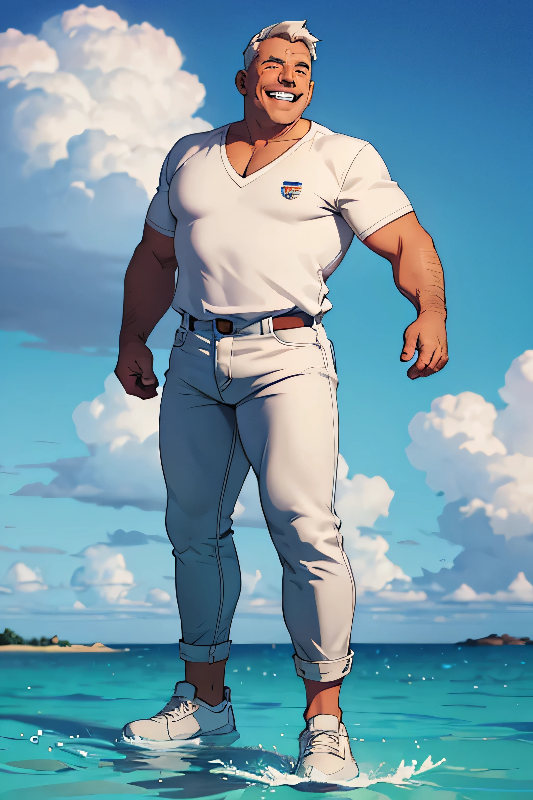comic, british facial features, middle-aged man, happy, grey, big smile, white teeth, big laugh. One character only, white isolated. body and legs, loose blue jeans and green top. 