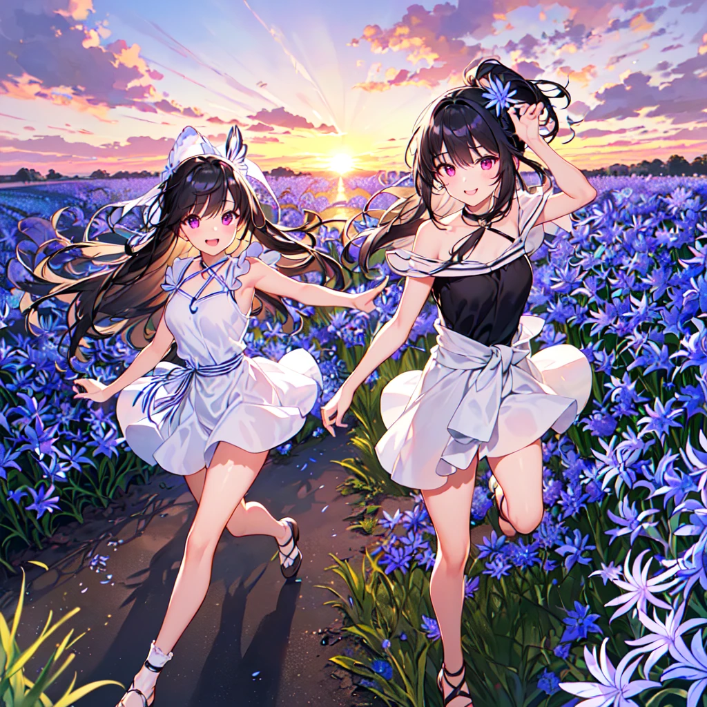 masterpiece, best quality, high quality, extremely detailed, very delicate and beautiful, (1 female 18 years old solo:1.5), (long black hair up to waist with two side up:1.5), bangs to eyebrows, eyes Eyebrows glossy, (eye color magenta:1.3), 6.5 head height, (agapanthus flower print summer fashion:1.3), knee socks, lace, frills, (smiling), (running:1.3), (smiling), (dynamic pose), (background agapanthus flower field:1.3), (sunset:1.3)