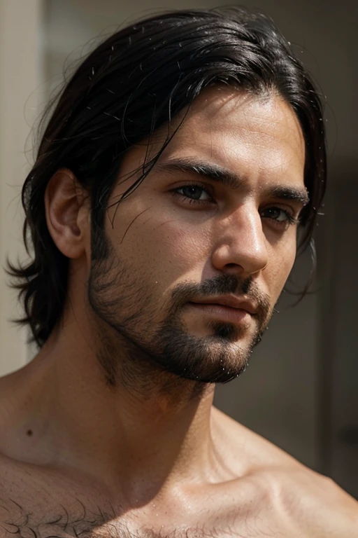 man.black hair and eyes. with skin. less beard. have texture on his face and hair. super super super realistic. like a real person