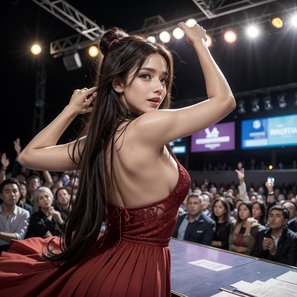(in 8K、Raw photography、Highest Quality、realisitic、Photorealsitic、Professional Lighting、masterpiece、extremely delicate and beautiful、Highly detailed、finely detail、ultra-detailliert、hight resolution、full-shot)、SFW、VERY crowded train detailed scenario、1girl in、Beautuful Women(woman 1)ha、Wearing a black jacket、Beautiful face:1.5、Model body type、small tits、All passengers except one woman are young men..:3、Young man in suit、(woman 1)Touching the body of、Young men(woman 1)hug from behind、Young men(woman 1)Touching the chest of、Young men(woman 1)Flipping up the black skirt of、(((Pubic hair is visible)))、Woman 1 is crying、shed tears、(((Nipples are visible)))、(((Focus on the buttocks)))、(((T back)))