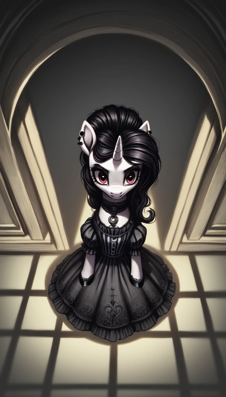 score_9,score_8_above,score_7_above,score_6_above, gothic pony, neogothic fashion, bright backlight, horror scene, Brilliantine, capricious, charmed, magical, fantasy art concept, intricate details,