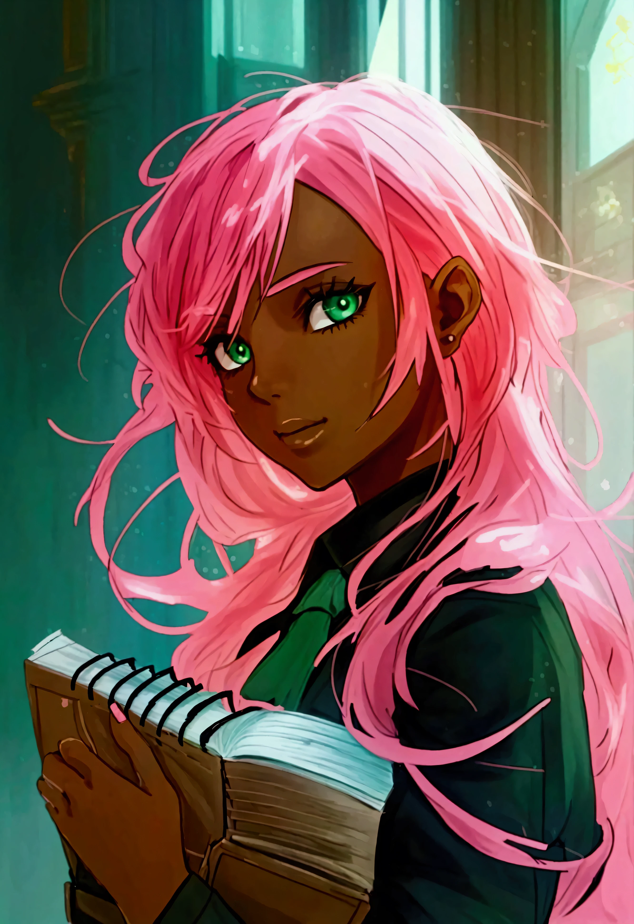 ((Artwork, high quality)), (1 girl), (black skin), (green eyes), (pink hair), (holding a notebook with blank pages), (thinking about what to write).
