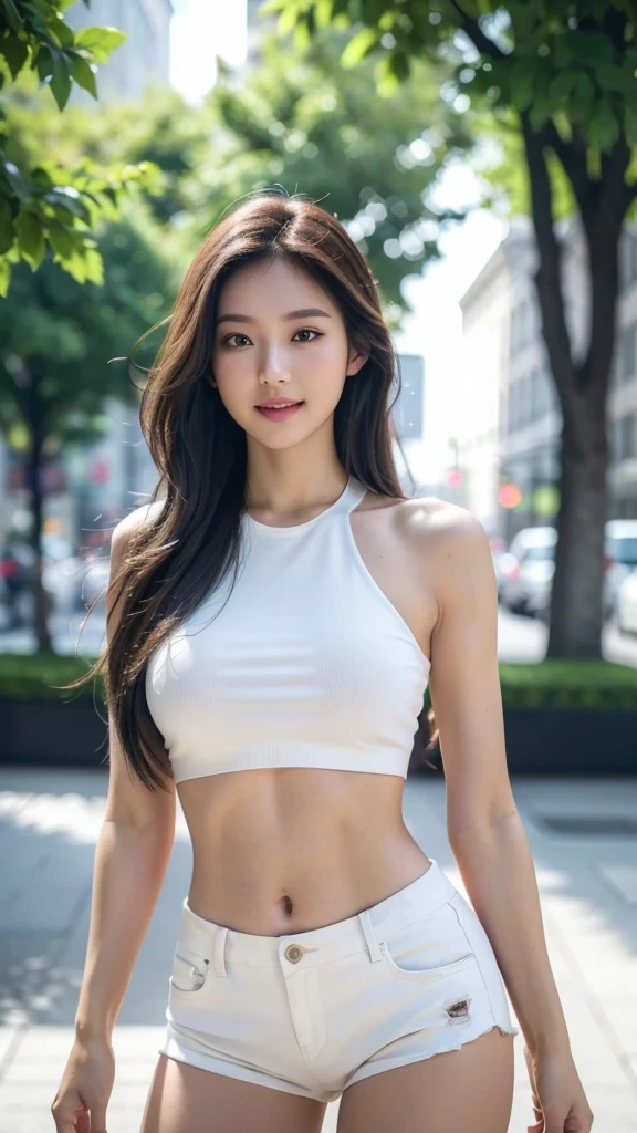 8K, masterpiece, raw photo, best quality, realistic, extremely detailed CG unity 8K wallpaper, depth of field, cinematic light, lens flare, ray tracing, (very beautiful face, beautiful lips, beautiful eyes), Face with intricate details, ((highly detailed skin)), best quality, masterpiece, ultra high resolution, (realistic photo:1.5), Original image, 1 woman, crop top, shorts,smooth, long legs, sexy look, pretty ,Smile faintly, long hair, full body shot, big bust, divided, six pack abs, Morning in the city park.