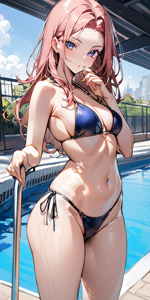((Highest quality、、masterpiece:1.3))、Long legs、Sharp focus:1.2, Beautiful woman with perfect figure:1.4、(Smiling:1.2), double eyelid、30-year-old female、Sexy pose、((((Close your mouth、One Woman、bikini)))),(((((one women,pool side:1.5)))))、((standing, cowboy shot:1.5))