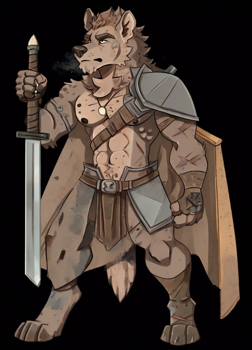 Solo Sexy young anthro furry hyena hyena male mercenary medieval solider, tall slim sexy slim muscular, anthro handsome gay shorter muzzle, handsome gay model male apperance, sword scars, worn out leather skimpy armament, low on hips heavy leather belt, old very worn out skimpy dirty linen material jockstrap, old yellow dirty worn out stains on white sawn jockstrap, very visible "x" brown seam pattern on the jockstrap, studded skimpy armlets breastplate armor, skimpy breastplate, leather bondages, fingerless leather gloves, smelly unwashed furr, dirty body look, desert battlefield, standing in sexy fighting position, close view of full character