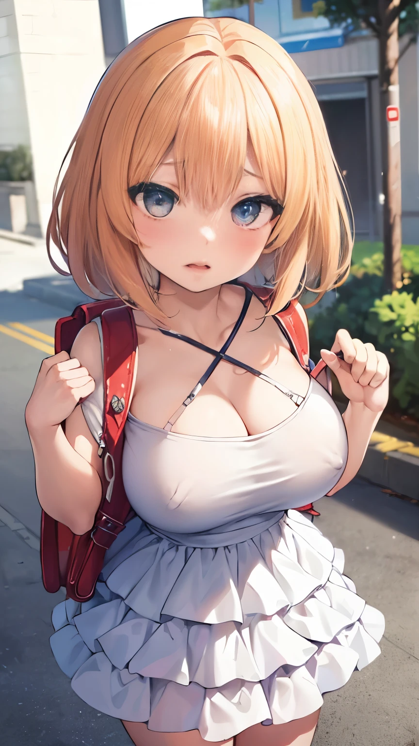 ((Best Quality, 8k, Masterpiece: 1.3)), Focus: 1.2, Perfect Body Beauty: 1.4, Buttocks: 1.2, ((Layered Haircut, Big Breasts: 1.2)), (Street:1.3), Bandeau Dress: 1.1, Highly Detailed Face and Skin Texture, Fine Eyes, Double Eyelids, Whitened Skin, Long Hair, (Shut Up: 1.3), Full Body, wearing randoseru backpack, (randoseru backpack:1.2), NFSW, (((showing breast, exposed breast))), (((nipple))), nude, sexy, lewd, ((())), cleavage