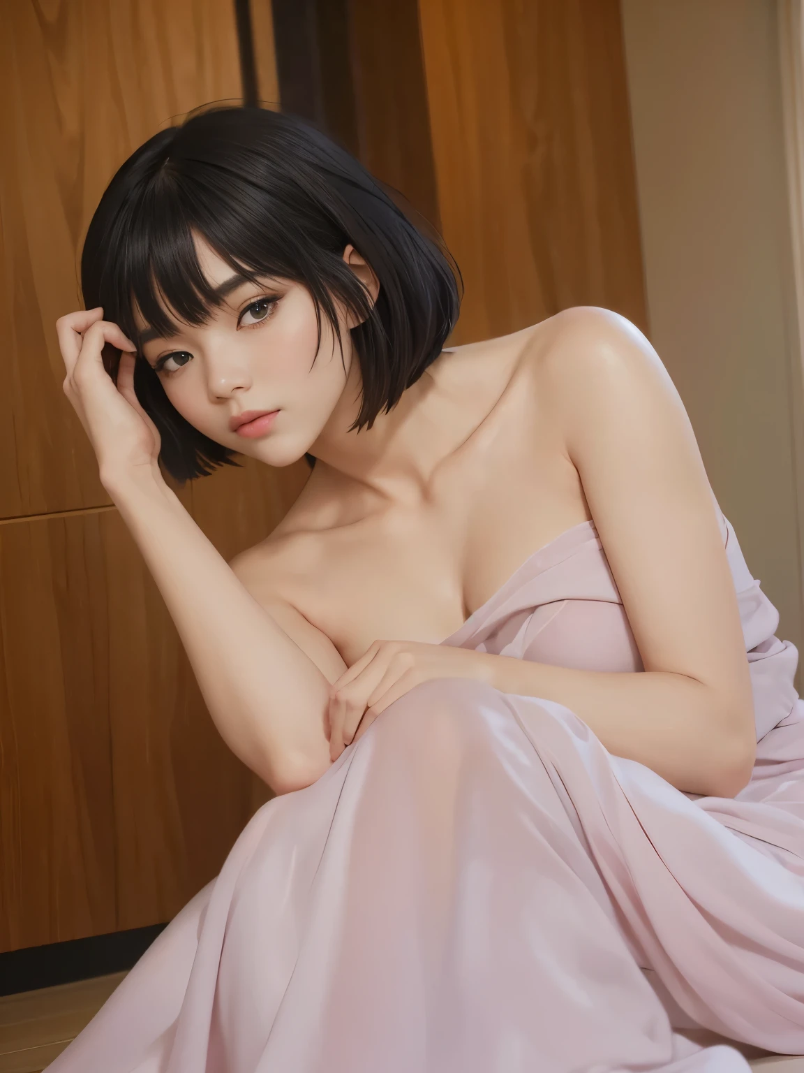 (Best quality, 8k, 32k, Masterpiece, UHD:1.2) "Generate a captivating artwork featuring a young Japanese girl model with short, sleek black hair styled in a chic bob haircut. Envision her bathed in dramatic cinematic lighting, creating an atmosphere of allure and mystery. Emphasize a romantic aesthetic vibe, showcasing the model in a poised and elegant pose that evokes a sense of intimacy and sophistication. Utilize warm and soft tones to enhance the romantic ambiance, and consider incorporating elements like flowing fabrics or flowers to add a touch of ethereal beauty. Capture the essence of romance and beauty through the model's expression, the play of light and shadows, and the overall aesthetic, creating a visually compelling and emotionally resonant piece." (perfect eyes), flawless skin, flawless face, cinematic, tight body, ((well-proportion female hands)), ((female hands with five digits))