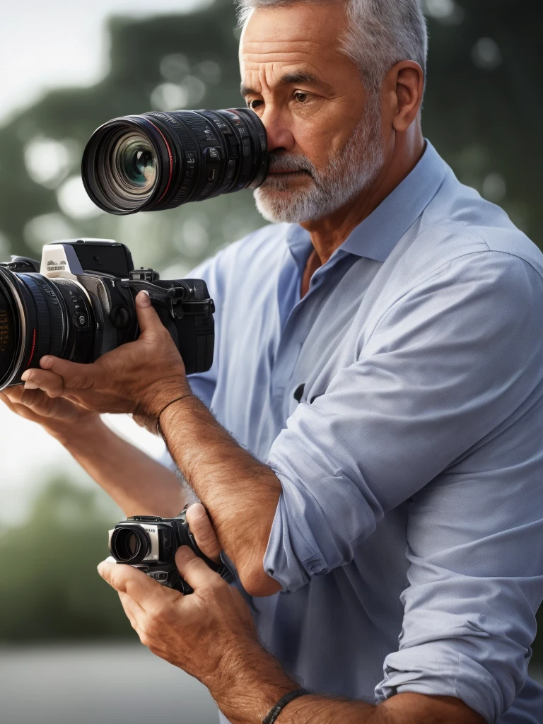 a middle-aged man with a camera, taking photos, social media profile, portrait, detailed facial features, detailed eyes, detailed skin, detailed hands, detailed outfit, studio lighting, high-quality, photorealistic, professional photography, warm color tones, cinematic lighting, depth of field, natural pose, candid shot, on-location, (best quality,4k,8k,highres,masterpiece:1.2),ultra-detailed,(realistic,photorealistic,photo-realistic:1.37)
