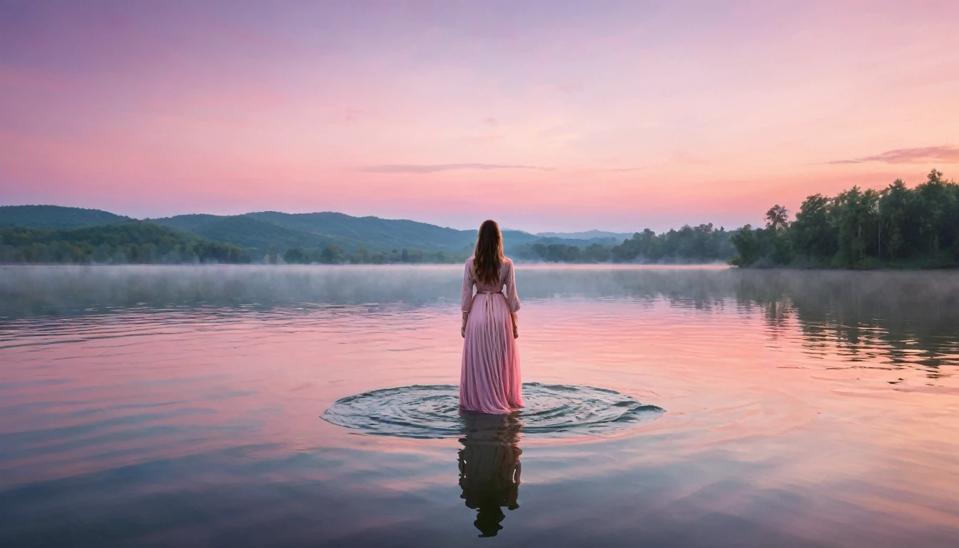  I imagine a charming and serene scene: a woman is standing in the middle of a lake, your long clothes floating in the water around you. The sky around you is painted in soft shades of pink and orange., marking the twilight. The light of the setting sun shines softly, reflecting in the calm waters of the lake and creating a magical and ethereal atmosphere. The woman looks serene, maybe with your eyes closed, immersed in a moment of tranquility and connection with nature.