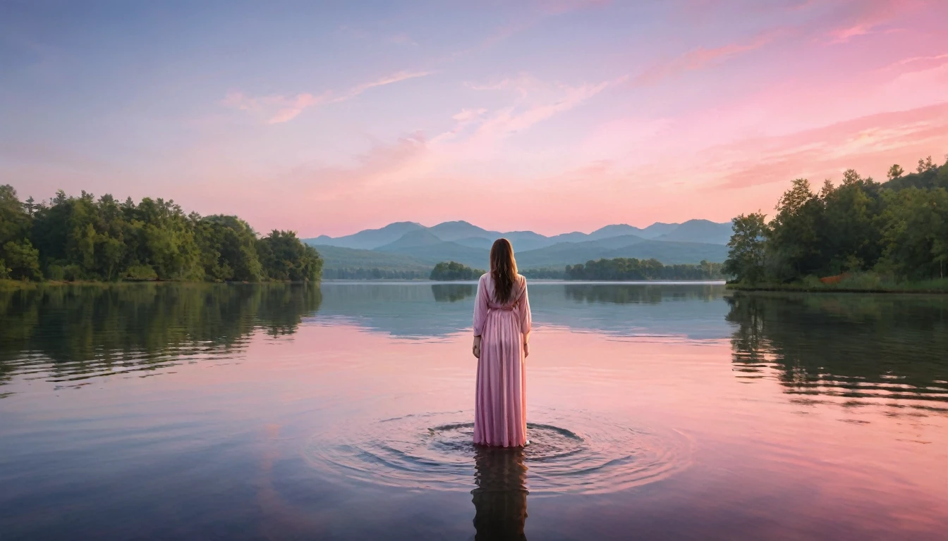 I imagine a charming and serene scene: a woman is standing in the middle of a lake, your long clothes floating in the water around you. The sky around you is painted in soft shades of pink and orange., marking the twilight. The light of the setting sun shines softly, reflecting in the calm waters of the lake and creating a magical and ethereal atmosphere. The woman looks serene, maybe with your eyes closed, immersed in a moment of tranquility and connection with nature.