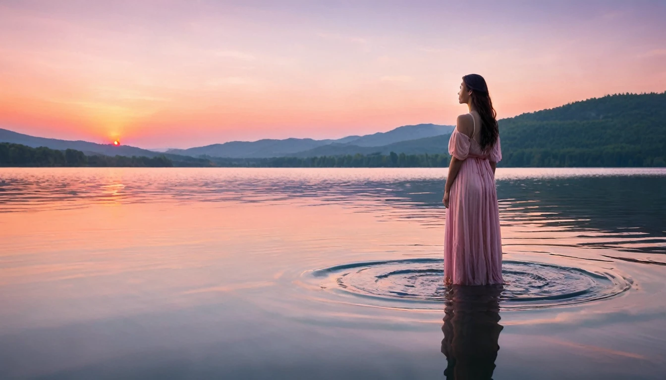 I imagine a charming and serene scene: a woman is standing in the middle of a lake, your long clothes floating in the water around you. The sky around you is painted in soft shades of pink and orange., marking the twilight. The light of the setting sun shines softly, reflecting in the calm waters of the lake and creating a magical and ethereal atmosphere. The woman looks serene, maybe with your eyes closed, immersed in a moment of tranquility and connection with nature.