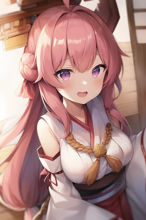 One girl, alone, Long Hair, King Kongu (Kantai Collection),Sakura Miko, Pink Hair, Double Bang, Purple eyes, Hair Bun, Ahoge, Open your mouth, Non-traditional Shrine Maiden, Removable sleeves, Brown eyes, White Background, (headgear):2, (Hair Bunド):2, smile, Sleeves edged with ribbon, Simple Background, kimono, Ribbon trim, View your viewers,  username, Upper Body, Wide sleeves, :d, King Kong