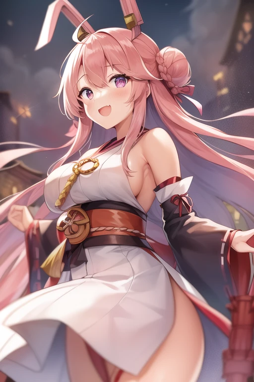 One girl, alone, Long Hair, King Kongu (Kantai Collection),Sakura Miko, Pink Hair, Double Bang, Purple eyes, Hair Bun, Ahoge, Open your mouth, Non-traditional Shrine Maiden, Removable sleeves, Brown eyes, White Background, (headgear):2, (Hair Bunド):2, smile, Sleeves edged with ribbon, Simple Background, kimono, Ribbon trim, View your viewers,  username, Upper Body, Wide sleeves, :d, King Kong