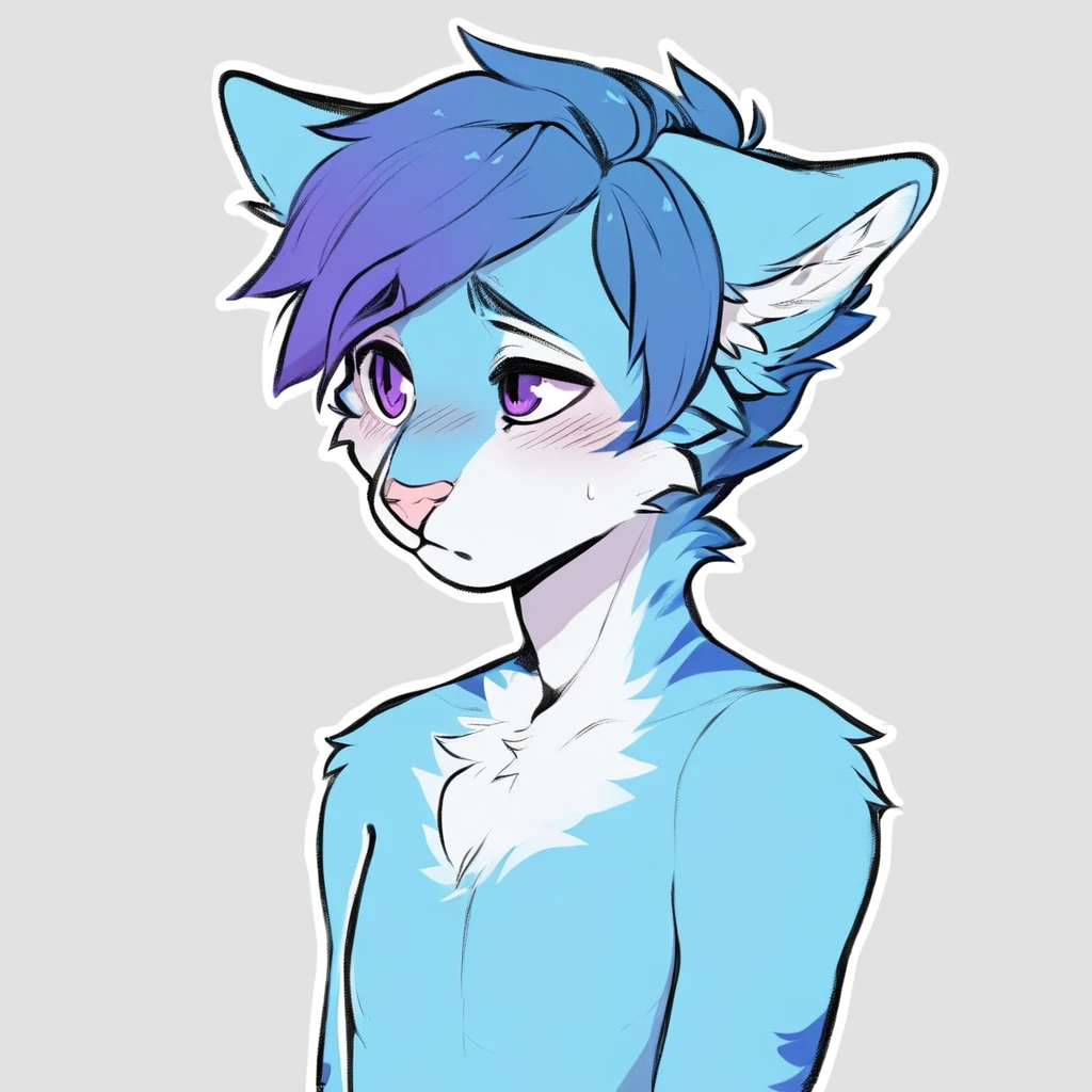 adult, feline, mammal, anthro, anthropomorphic, cat, striped, fur, striped_feline, fur, furred_anthro, femboy, male, cerulean_hair, fluffy, ears, azure_blue_ears, purple_eyes, cerulean_hair, expressive eyes, feline_ears, azure_blue_fur, light_blue_chest, shy, small_pupils, digital_art, high_resolution, high_res, hand-drawn, pencil_lines, head_visible, neck_visible, white_outline, detailed_line_work, profile_picture, head_visible