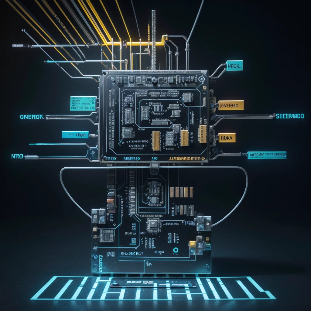 Create a very modern image involving a periodic table, chemical elements and also an Arduino with robotics for a book cover. Use Arduino elements, Bluetooth boards, breadboards, wires with chemical elements, add some colorful details, but in a very discreet way, with two hands operando os elementos