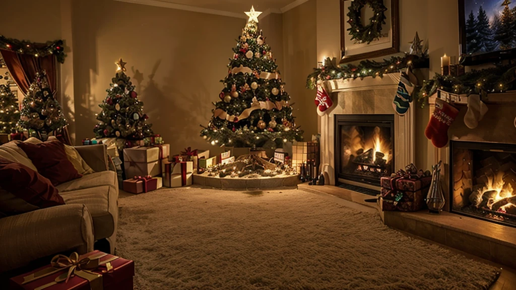 Magnificent Christmas tree with colorful lights and gifts under it, warm atmosphere in the house with a burning fireplace