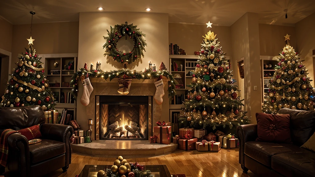 Magnificent Christmas tree with colorful lights and gifts under it, warm atmosphere in the house with a burning fireplace