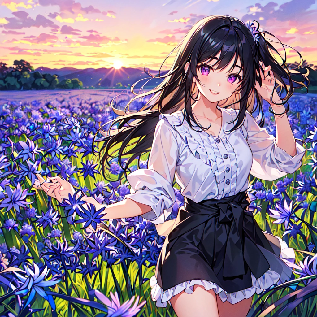 masterpiece, best quality, high quality, extremely detailed, very delicate and beautiful, (1 female 18 years old solo:1.5), (long black hair up to waist with two side up:1.5), bangs to eyebrows, eyes Eyebrows glossy, (eye color magenta:1.3), 6.5 head height, (agapanthus flower print summer fashion:1.3), knee socks, lace, frills, (smiling), (running:1.3), (smiling), (dynamic pose), (background agapanthus flower field:1.3), (sunset:1.3), (upper body:1.3)