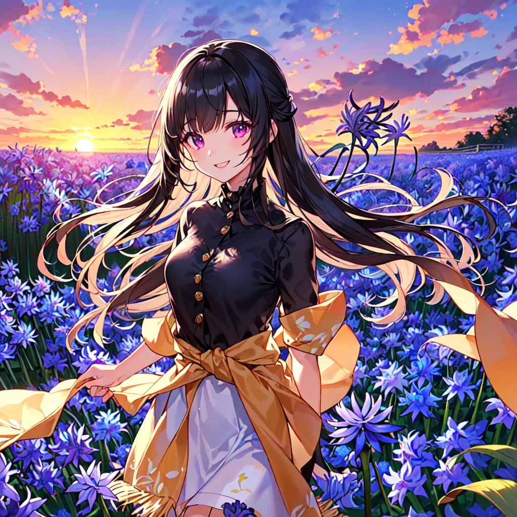 masterpiece, best quality, high quality, extremely detailed, very delicate and beautiful, (1 female 18 years old solo:1.5), (long black hair up to waist with two side up:1.5), bangs to eyebrows, eyes Eyebrows glossy, (eye color magenta:1.3), 6.5 head height, (agapanthus flower print summer fashion:1.3), knee socks, lace, frills, (smiling), (running:1.3), (smiling), (dynamic pose), (background agapanthus flower field:1.3), (sunset:1.3), (upper body:1.3)